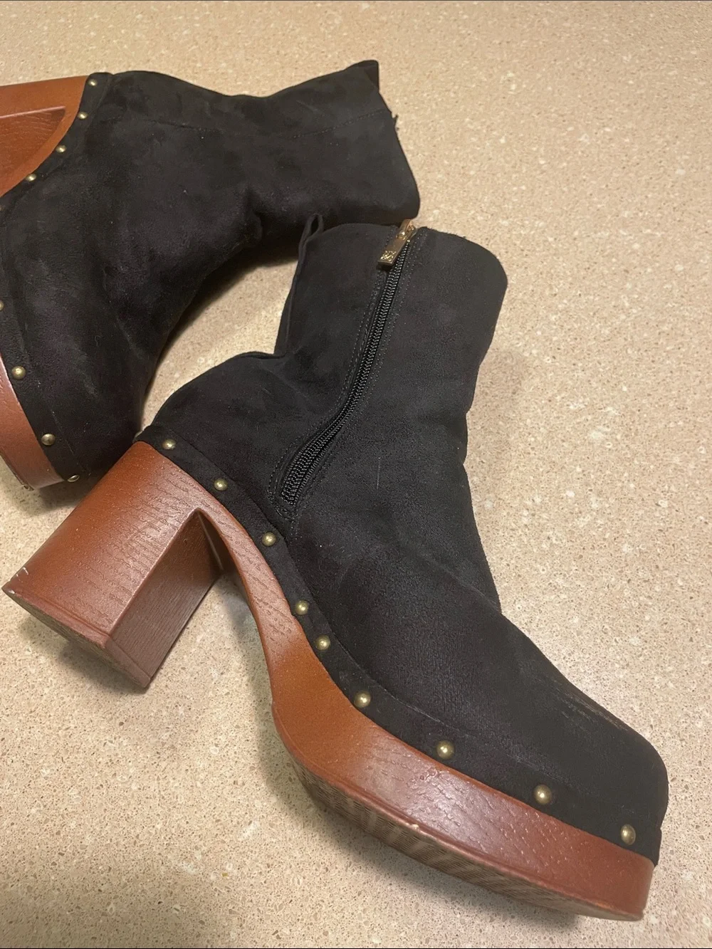 New York & Company Black Suede Platform Ankle Boots with Wood-Effect Block Heel